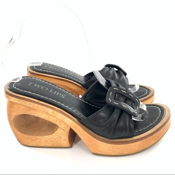 Two lips womens heels size 6 black leather vintage Y2k chunky wooden mules